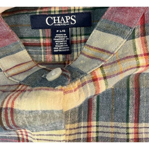 Chaps Plaid button down Henley linen blend top - Picture 6 of 7